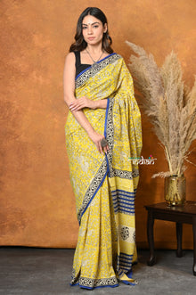  Mastaani ~ Handblock Printed Cotton Saree With Natural Dyes - Carlisle Yellow