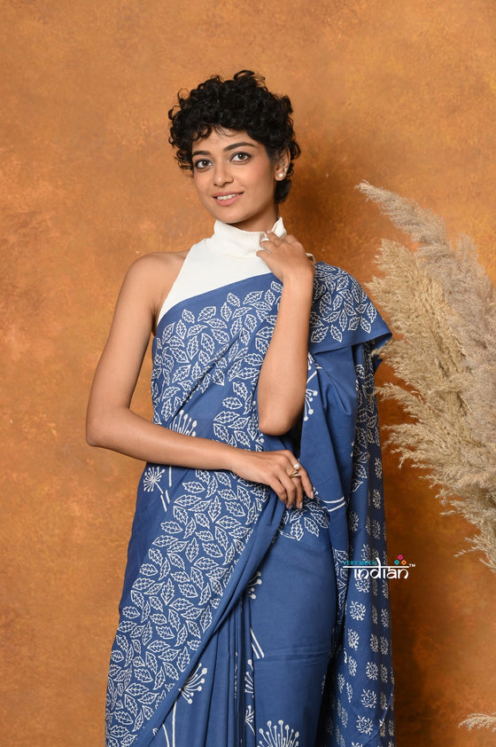 Mastaani ~ Handblock Printed Cotton Saree With Natural Dyes - Cyan Blue