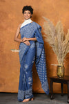 Mastaani ~ Handblock Printed Cotton Saree With Natural Dyes - Cyan Blue