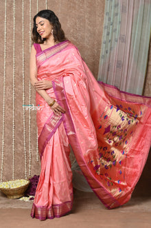  Tyohaar ~ Exclusive! Handloom Pure Silk Paithani with Heritage Asawali Pallu ~ Peach Mauve (By Government Certified Weavers)