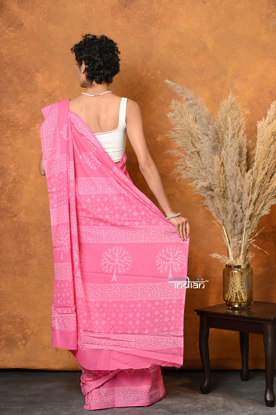 Mastaani ~ Handblock Printed Cotton Saree With Natural Dyes - Dazzling Pink