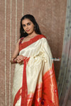 Tyohaar ~ Handloom Pure Silk Muniya Paithani Saree in All Over Zari Tissue Line  with Traditional Parrot Pallu ~ White
