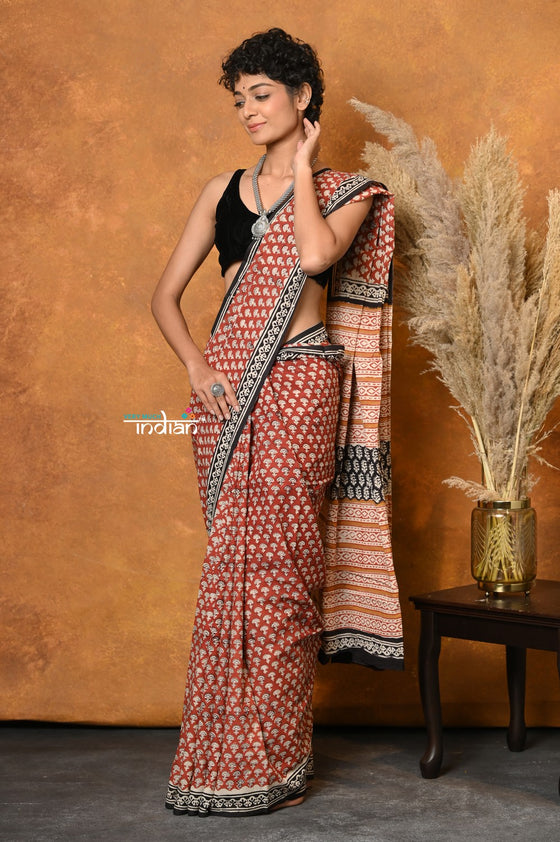 Mastaani ~ Handblock Printed Cotton Saree With Natural Dyes - Orange