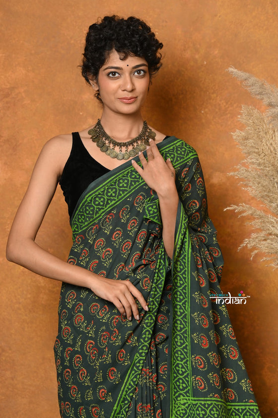 Mastaani ~ Handblock Printed Cotton Saree With Natural Dyes - Green