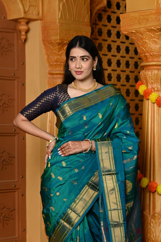 Gaurangi ~ Handloom Pure Silk Maharani Paithani with Majestic Maharani Pallu in Peacock Blue