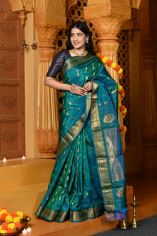  Gaurangi ~ Handloom Pure Silk Maharani Paithani with Majestic Maharani Pallu in Peacock Blue