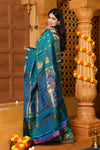 Gaurangi ~ Handloom Pure Silk Maharani Paithani with Majestic Maharani Pallu in Peacock Blue