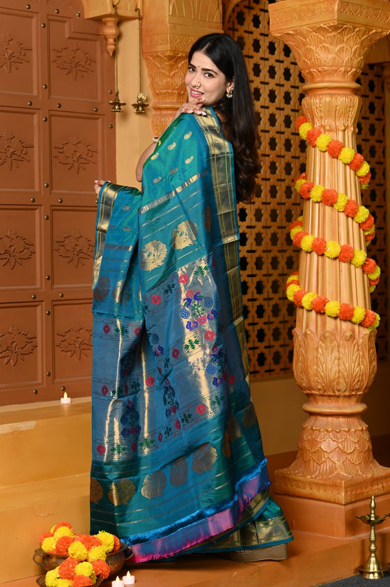 Gaurangi ~ Handloom Pure Silk Maharani Paithani with Majestic Maharani Pallu in Peacock Blue