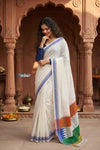 Independence Special!  ~ Handloom Cotton Ilkal Saree with Tricolor Pallu in White