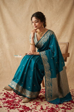 Ganga Ghat ~ Banarasi Handwoven Soft Katan Silk Saree In Peacock Teal
