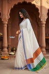 Independence Special!  ~ Handloom Cotton Ilkal Saree with Tricolor Pallu in White