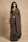 Mitti Ke Rang ~ Ajrakh Printed Cotton Saree in Black Beige Stripes