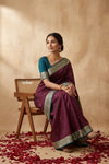 Ganga Ghat ~ Banarasi Handwoven Pure Soft Katan Silk Saree In Rose Maroon & Blue