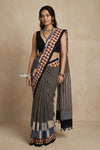 Mitti Ke Rang ~ Ajrakh Handblock Printed Cotton Saree in Black Stripe