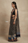 Mitti Ke Rang ~ Ajrakh Handblock Printed Cotton Saree in Black Stripe