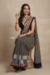 Mitti Ke Rang ~ Ajrakh Handblock Printed Cotton Saree in Black Stripe
