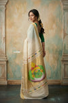 Virasat 2.0 ~ Handloom Pure Cotton Paithani With Kathkali Pacha Face Pallu~ White