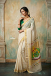 Virasat 2.0 ~ Handloom Pure Cotton Paithani With Kathkali Pacha Face Pallu~ White