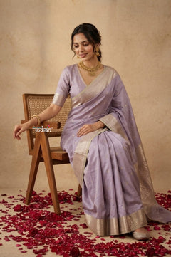 Ganga Ghat ~ Banarasi Handwoven Pure Soft Katan Silk Saree In Lilac