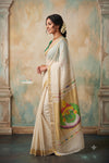 Virasat 2.0 ~ Handloom Pure Cotton Paithani With Kathkali Pacha Face Pallu~ White