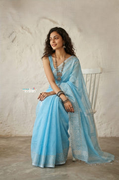 Latika ~ Pure Handwoven Jamdani Mul Cotton Saree in Powder Blue
