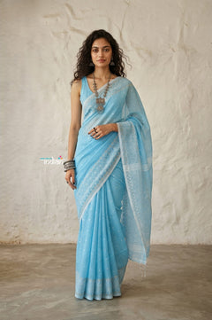 Latika ~ Pure Handwoven Jamdani Mul Cotton Saree in Powder Blue
