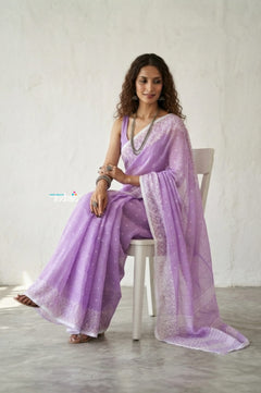Latika ~ Pure Handwoven Jamdani Mul Cotton Saree in Lavender