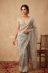 Ganga Ghat  ~ Banarasi Organza Saree with Handcrafted Beadwork In Bluish Grey