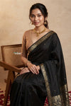 Ganga Ghat ~ Banarasi Handwoven Pure Soft Katan Silk Saree In Black