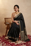 Ganga Ghat ~ Banarasi Handwoven Pure Soft Katan Silk Saree In Black