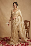 Ganga Ghat  ~ Banarasi Organza Saree with Handcrafted Beadwork In Stale Ivory