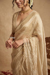 Ganga Ghat  ~ Banarasi Organza Saree with Handcrafted Beadwork In Stale Ivory