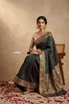 Ganga Ghat ~ Banarasi Handwoven Pure Soft Katan Silk Saree In Dual Tone Green Red