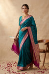 Ganga Ghat ~ Banarasi Handwoven Pure Soft Katan Silk Saree In Azure Blue & Pink