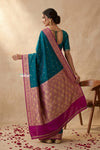 Ganga Ghat ~ Banarasi Handwoven Pure Soft Katan Silk Saree In Azure Blue & Pink