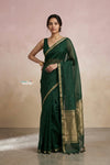Ganga Ghat ~ Banarasi Handwoven Pure Silk Banarasi Organza Saree in Dark Green