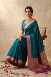 Ganga Ghat ~ Banarasi Handwoven Pure Soft Katan Silk Saree In Azure Blue & Pink