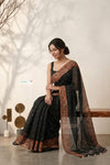 Mulmuli ~ Pure Handwoven Jamdani Mul Cotton Saree in Black With Tissue Border