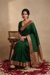 Ganga Ghat ~ Banarasi Handwoven Pure Soft Katan Silk Saree In Royal Green
