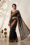 Mulmuli ~ Pure Handwoven Jamdani Mul Cotton Saree in Black With Tissue Border