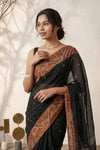 Mulmuli ~ Pure Handwoven Jamdani Mul Cotton Saree in Black With Tissue Border