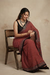Mitti Ke Rang ~ Ajrakh Handblock Printed Cotton Saree in Red Stripe