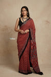 Mitti Ke Rang ~ Ajrakh Handblock Printed Cotton Saree in Red Stripe