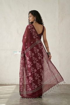 Latika ~ Pure Handwoven Jamdani Mul Cotton Saree in Maroon