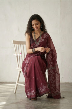 Latika ~ Pure Handwoven Jamdani Mul Cotton Saree in Maroon