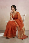 Ganga Ghat ~ Banarasi Handwoven Pure Silk Banarasi Organza Saree in Orange