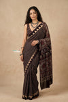Mitti Ke Rang ~ Ajrakh Handblock Printed Cotton Saree in Black Stripe