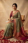Ganga Ghat ~ Banarasi Handwoven Pure Soft Katan Silk Saree In Sage Green