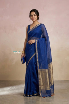 Ganga Ghat ~ Banarasi Handwoven Pure Silk Banarasi Organza Saree in Blue