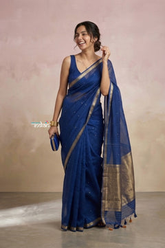 Ganga Ghat ~ Banarasi Handwoven Pure Silk Banarasi Organza Saree in Blue